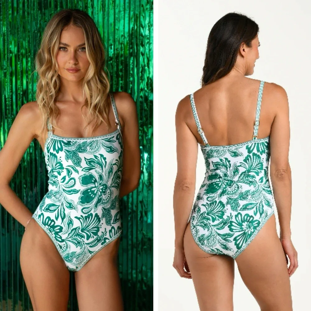 La Blanca Botanical Brocade Lingerie One Piece - Jungle Swimsuit Green US 16